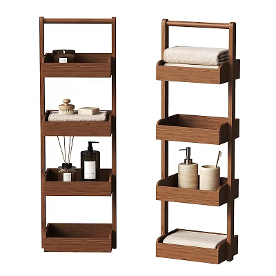 Wooden Multi Tiered Bathroom Shelves With Towels Soap And Hand Wash Bottles 3d model
