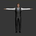 Man In Black Vest White Shirt Blue Tie With Arms Outstretched On Gray Background