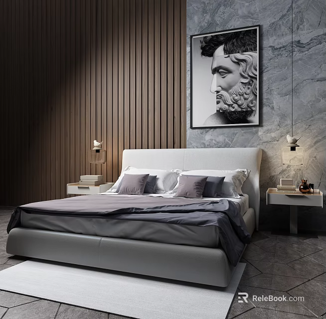 Elegant Double Bed with Dark Wooden Panel Walls Black and White Portrait and Bedside Lamps 3d model 