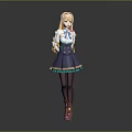 3D Model Anime Female Character With Blonde Hair Blue White Top Purple Skirt Pink Boots