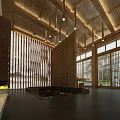 Elegant Hotel Lobby Interior With Wooden Paneling Hanging Lights Bookshelves And Sofa Seating
