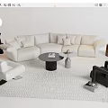 Modern White L Shaped Sofa And Round Coffee Table Set With Plush Cushions In Living Room