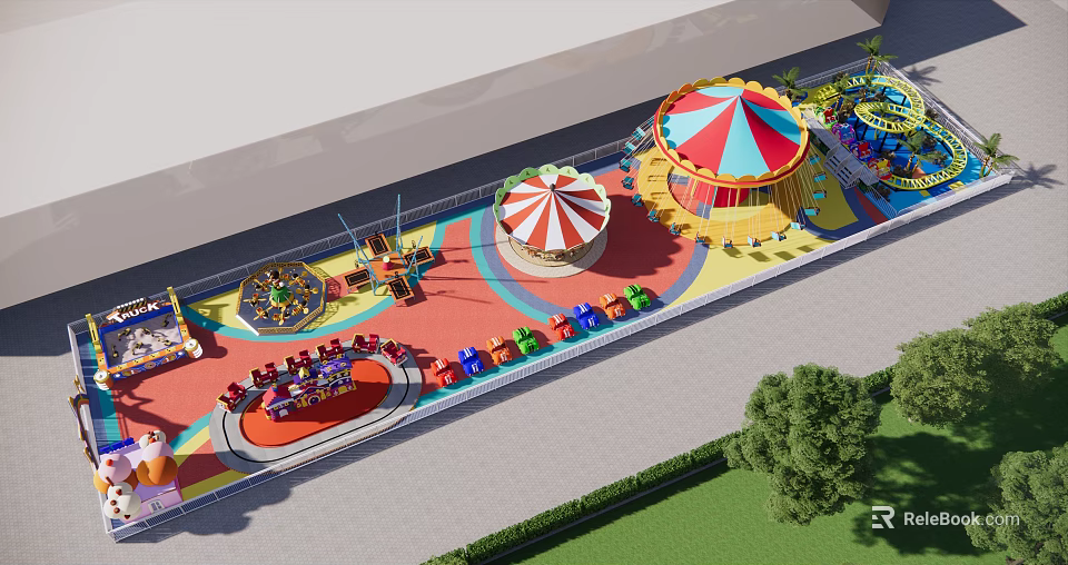 Colorful Amusement Park Rides With Carousel Tent Like Structures Vibrant Ground And Greenery 3d model 