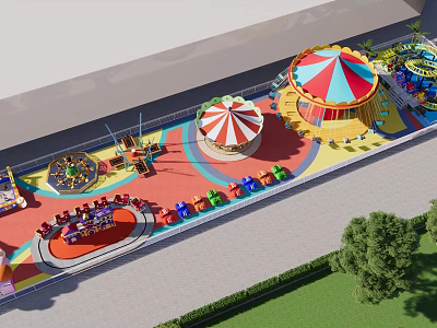 Colorful Amusement Park Rides With Carousel Tent Like Structures Vibrant Ground And Greenery 3d model