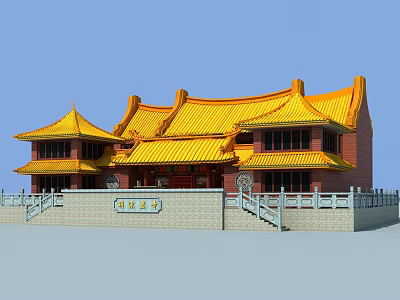 Ancient Chinese Architecture With Yellow Roof Red Walls And Stone Railings Steps 3d model