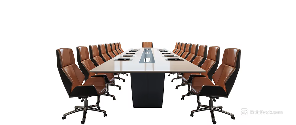 Modern Conference Table With Light Top And Black Base Surrounded By Leather Chairs 3d model
