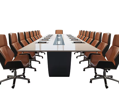 Modern Conference Table With Light Top And Black Base Surrounded By Leather Chairs 3d model
