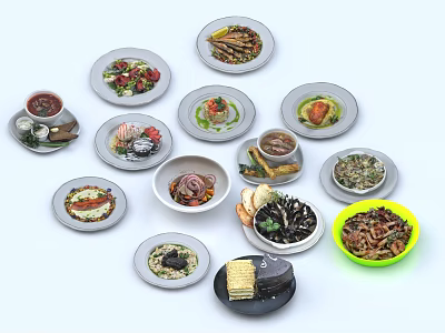 Assorted Delicious Food Dishes on White Plates with Various Flavors and Colors 3d model