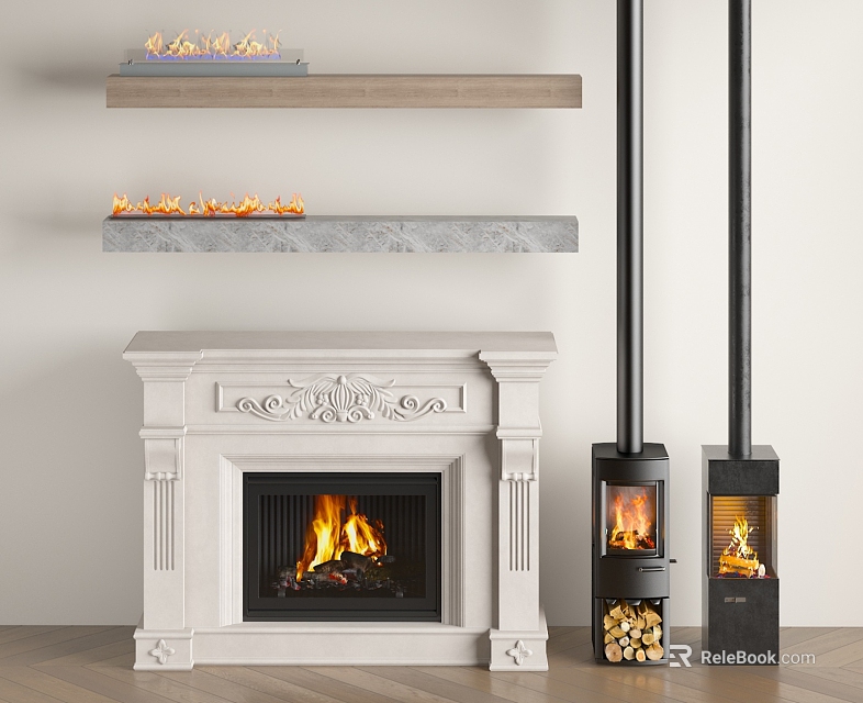 Elegant Ornate Fireplace With Modern Stoves And Floating Fire Shelves 3d model 