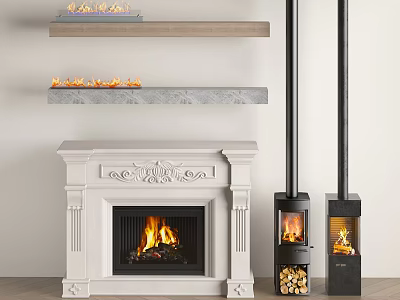 Elegant Ornate Fireplace With Modern Stoves And Floating Fire Shelves 3d model