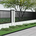 Modern Building Exterior Wall With Black Fence Green Trees Grass And Paved Ground