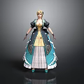 Woman In Black And Yellow Dress With Blonde Hair Blue White Hem And Lace Details