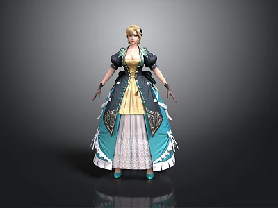 Woman In Black And Yellow Dress With Blonde Hair Blue White Hem And Lace Details 3d model