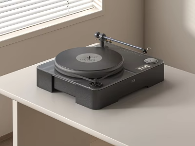 Black Modern Turntable Audio System On White Table With Window Blinds Background 3d model