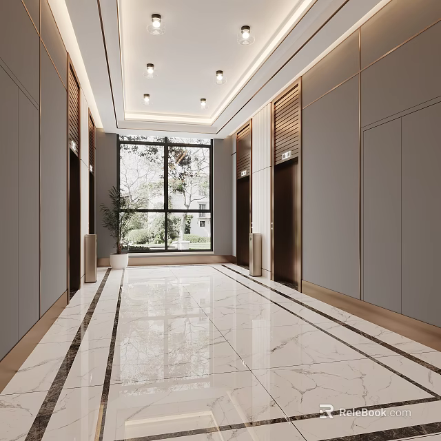 Modern Elevator Lobby With Shiny Marble Floor Large Window And Recessed Lighting 3d model