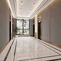 Modern Elevator Lobby With Shiny Marble Floor Large Window And Recessed Lighting 3d model