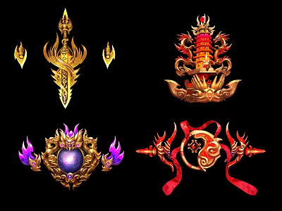 Ornate Mythical Artifacts Set With Golden Red Purple And Intricate Decorative Details 3d model