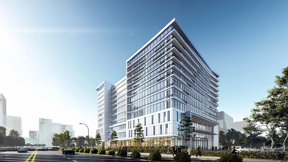 Modern High Rise Office Building With Glass Curtain Wall And Urban Landscaping In Sunlight 3d model 
