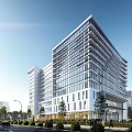 Modern High Rise Office Building With Glass Curtain Wall And Urban Landscaping In Sunlight