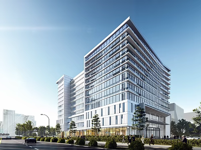 Modern High Rise Office Building With Glass Curtain Wall And Urban Landscaping In Sunlight 3d model