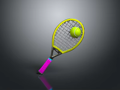 Tennis Racket with Yellow Frame Pink Handle and Green Tennis Ball on Dark Background 3d model