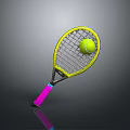 Tennis Racket with Yellow Frame Pink Handle and Green Tennis Ball on Dark Background