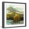 Three Framed Landscape Paintings Hanging on Gray Wall with Mountain Scenery and Seasonal Trees