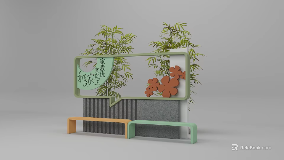 Garden Decorative Display With Bamboo Plants Flower Decorations Bench And Wall Structure 3d model 