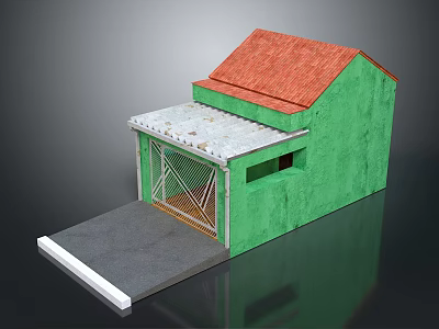 Green Wall Building With Red Roof Awning Metal Mesh Door And Gray Ramp 3d model