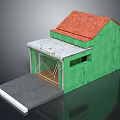 Green Wall Building With Red Roof Awning Metal Mesh Door And Gray Ramp
