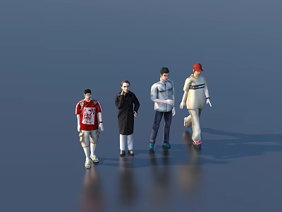 Group of Four People Standing in Different Clothing Against Blue Background with Reflective Floor 3d model