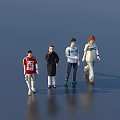 Group of Four People Standing in Different Clothing Against Blue Background with Reflective Floor