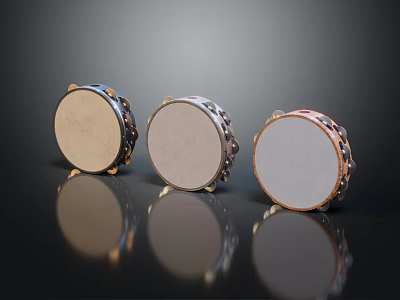 Three Musical Tambourines With Metal Frames And Different Drumheads On Reflective Surface 3d model
