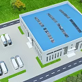 Aerial View Of Modern Building With Office Workstations Large Screen And Parked Vehicles