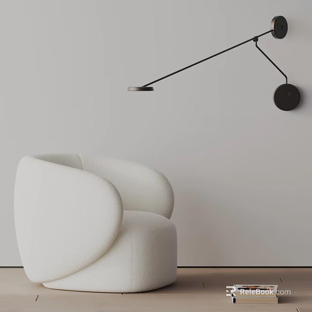 White Curved Plush Accent Chair With Modern Black Floor Lamp In Minimalist Living Room 3d model 