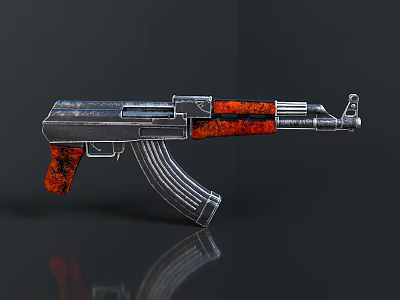 AK Rifle With Metallic Body Red Textured Grip And Handguard 3D Rendered On Dark Background 3d model