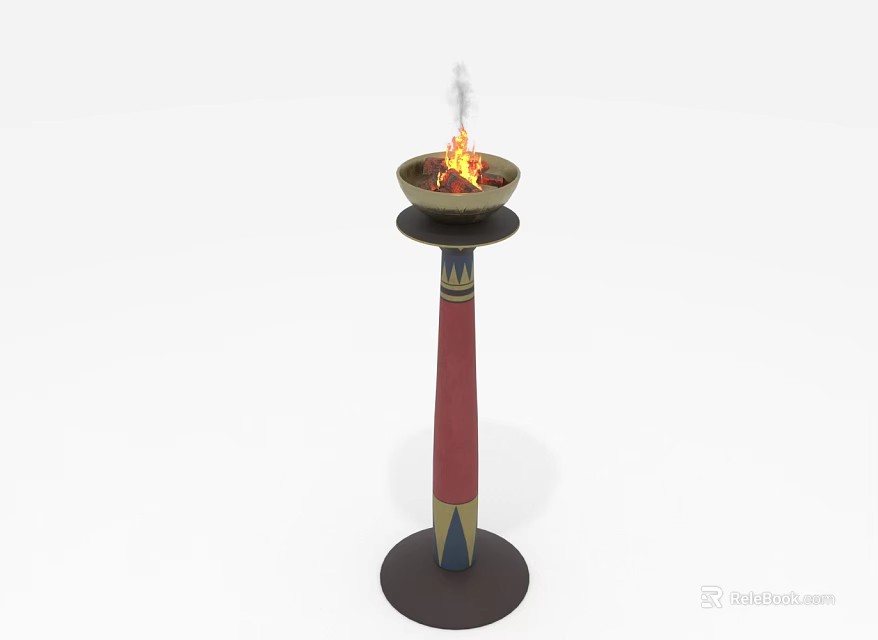 Ornamental Fire Bowl With Flame On Red And Blue Decorative Pedestal Stand 3d model 