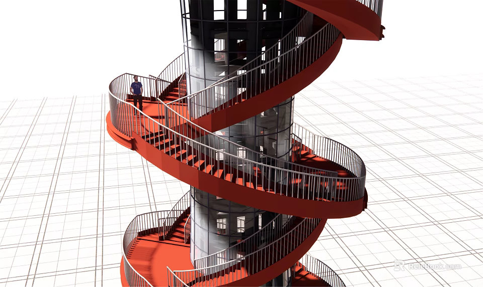 Red Spiral Staircase Structure With Metal Railings And Black Central Column 3d model 