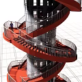 Red Spiral Staircase Structure With Metal Railings And Black Central Column