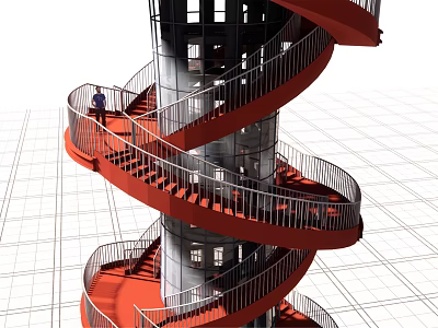 Red Spiral Staircase Structure With Metal Railings And Black Central Column 3d model