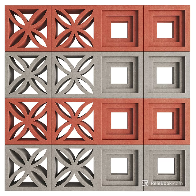 Decorative Perforated Architectural Bricks With Red Gray Floral Patterns And Square Cutouts 3d model 