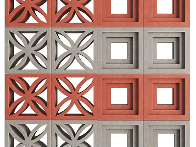 Decorative Perforated Architectural Bricks With Red Gray Floral Patterns And Square Cutouts 3d model