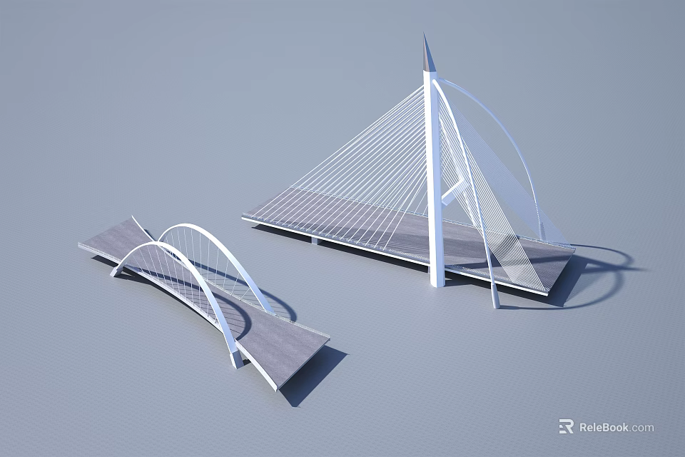 Two Modern Bridges Featuring Arch And Cable Stayed Designs With White Structure Gray Deck 3d model 