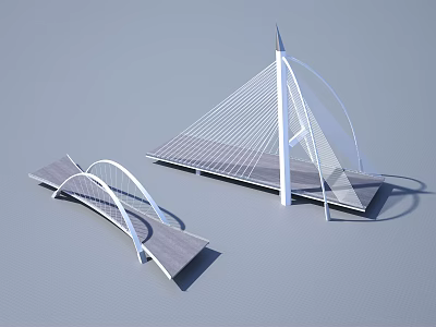 Two Modern Bridges Featuring Arch And Cable Stayed Designs With White Structure Gray Deck 3d model