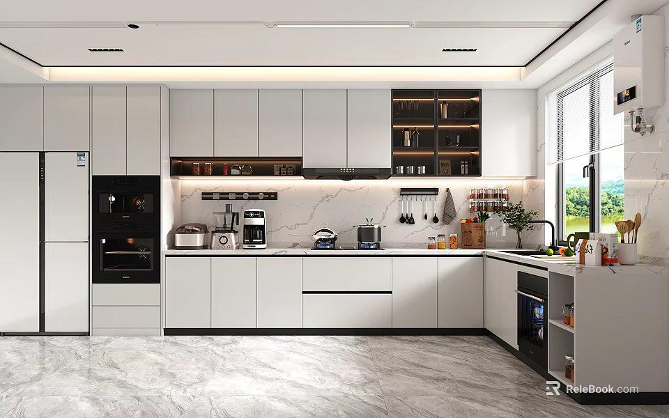Modern Kitchen Interior With White Cabinets Marble Countertops Appliances And Natural Light Windows 3d model 
