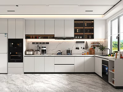 Modern Kitchen Interior With White Cabinets Marble Countertops Appliances And Natural Light Windows 3d model