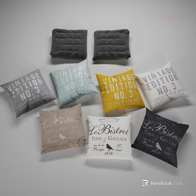 Vintage Edition And La Bistro Themed Throw Pillows With Various Colors And Text Designs 3d model 