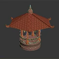 Traditional Asian Pavilion With Red Tiled Roof Curved Eaves And Ornamental Base