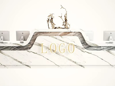 Elegant Marble Reception Desk With LOGO Computer Monitors And Decorative Statues 3d model