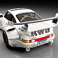 White Racing Car With Wide Body Racing Decals And Rear Wing